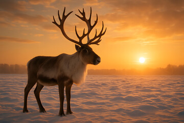 Reindeer standing in snowy field at sunset with golden sky and forest silhouette