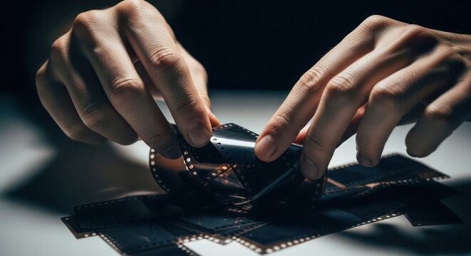 Close-up of hands handling computer chips on a reflective surface with dramatic lighting and dark background.