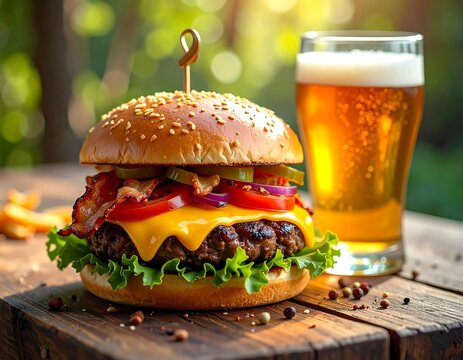 Close-up of a juicy burger with beer and fries on a sunlit wooden table outdoors - Powered by Adobe