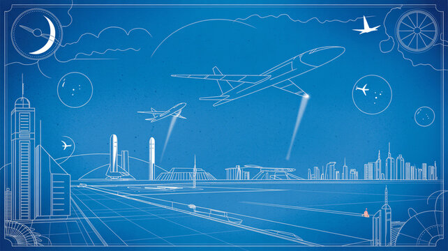Dreaming of future travel with blueprint of planes taking off over a futuristic city, a concept for innovation and progress in aviation and technology