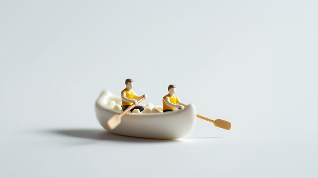 Miniature figurine men rowing a small canoe filled with white blocks, set against a bright, clean background. The canoe casts a gentle shadow, adding depth. - Powered by Adobe