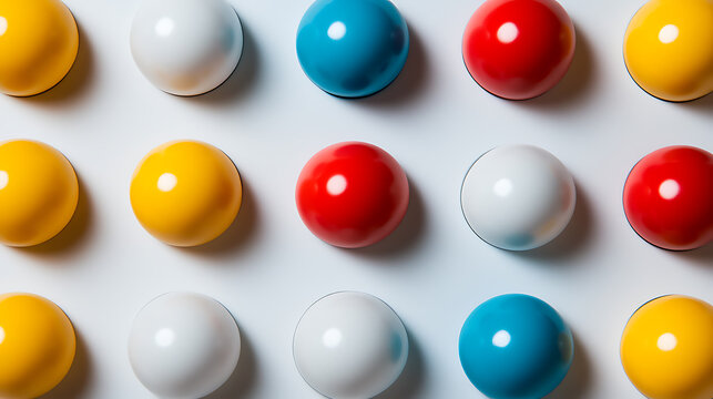 A vibrant array of round objects arranged neatly on a clean white surface. The colors are bold and the arrangement is pleasing to the eye, creating a simple yet eye-catching visual.