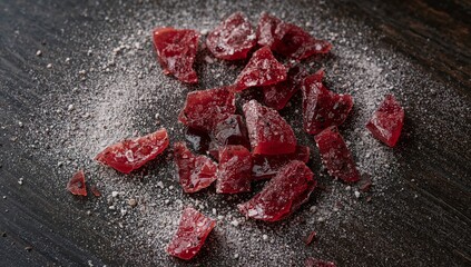 Ruby Shards. A Play of Light, Texture, and Form on Dark Wood a Culinary Abstraction.