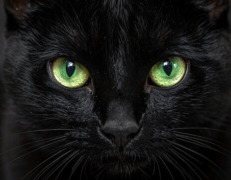 Close-up of a sleek black cat with strikingly bright green eyes looking straight ahead