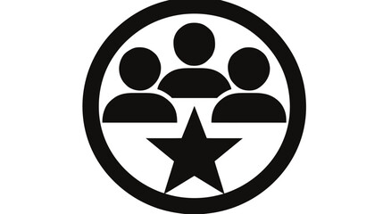 Teamwork community icon, three people group with star in circle. Leadership, quality rating, best user, award symbol, vector graphic.