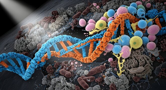 A detailed illustration of a DNA double helix structure surrounded by various molecular components and cellular elements in a biological environment