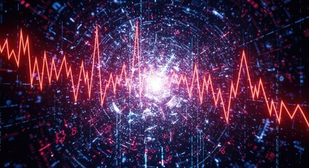 Obraz premium Abstract digital background with a red waveform representing data flow, signal processing, or scientific visualization, creating a dynamic and futuristic atmosphere