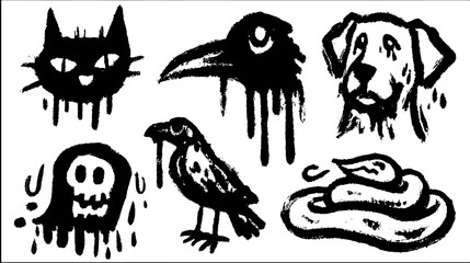 Vector illustration set of animals: cat, dog, crow, bird, skull, and snake. Simple black and white art style with unique textures.