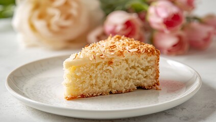 Slice of Sweetness. A Textured Delight with Floral Undertones and Subtle Warm Lighting.