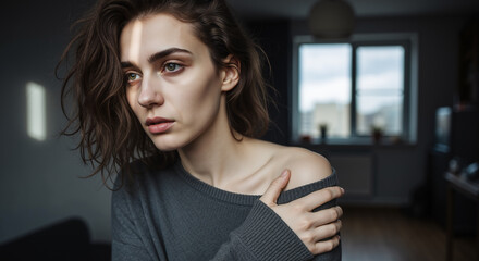 A pensive woman sits in moody window light, touching her shoulder with a somber expression, creating a quietly reflective mood.