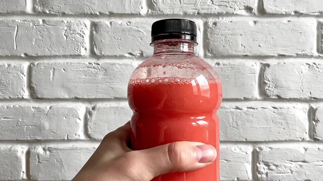 Hand holding a clear plastic bottle filled with pink liquid against a white brick wall