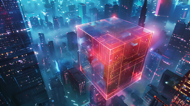 Glowing transparent cube with circuit patterns hovers over a futuristic neon city at night technology