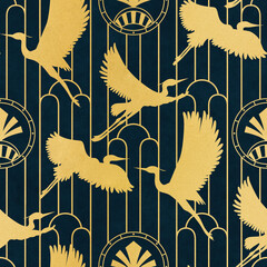 Art Deco Golden Herons on Navy Blue