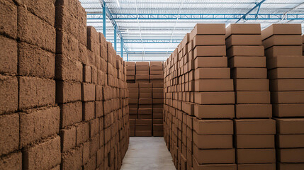 Stacks of rectangular soil blocks arranged neatly in an industrial warehouse under a metal roof. The blocks create parallel walls, forming a narrow corridor view.