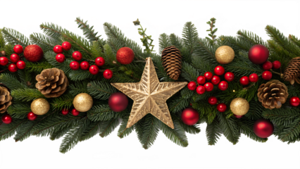 Classic Christmas garland featuring green fir branches, bright red berries, glittering gold and red baubles, natural pinecones, and a prominent golden star.