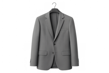 Grey formal business blazer hanging on a dark hanger, showcasing elegant professional men's wear fashion