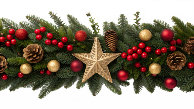 Classic Christmas garland featuring green fir branches, bright red berries, glittering gold and red baubles, natural pinecones, and a prominent golden star.