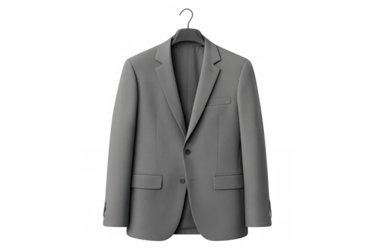Grey formal business blazer hanging on a dark hanger, showcasing elegant professional men's wear fashion