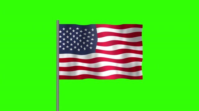 Flag of USA United States of America, Pole flag of USA United States of America on Green screen chroma key, USA United States of America 3D Animation flag waving in the wind isolated on Green Backgrou