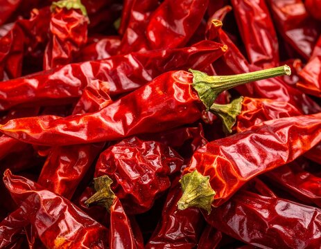 Closeup of a pile of bright red, wrinkled dried chili peppers with vibrant green stems