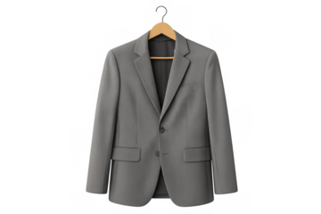 Grey suit jacket hanging on wooden hanger, representing business professionalism, formal wear, and stylish menswear, transparent background