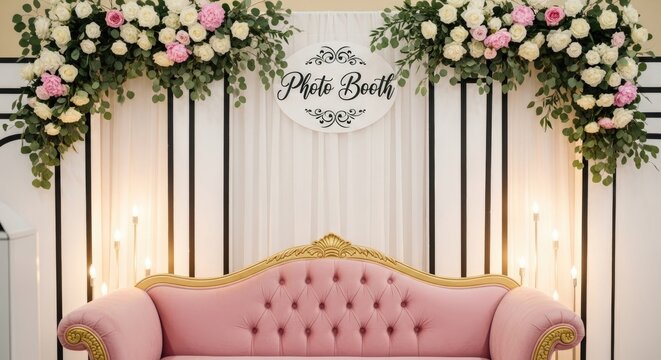 Elegant photo booth setup with a pink velvet couch, white curtains, and a floral arch, creating a romantic and festive atmosphere for memorable snapshots