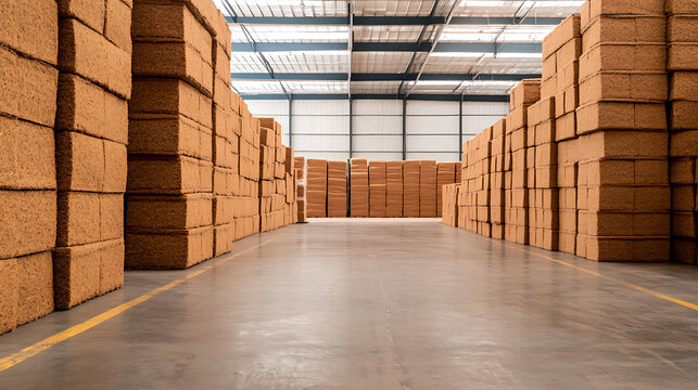 Warehouse interior showcasing neatly stacked blocks, evoking a sense of order, scale, and industry. The scene highlights storage and logistics in a manufacturing setting.