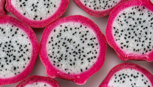 Sliced, Exotic Fruit A Visual Study in Pink, White, and Black An Abstract Food Composition.