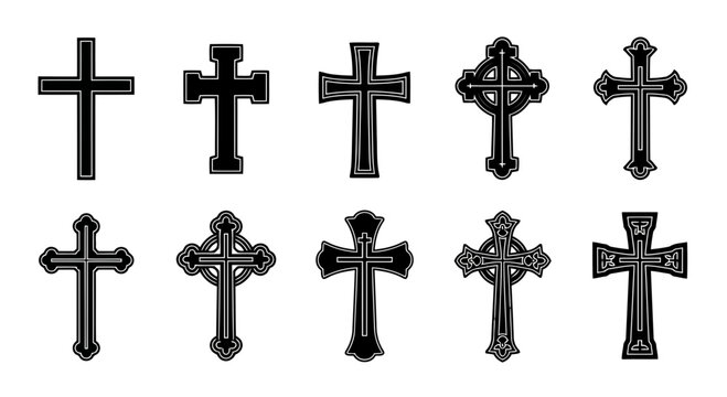 Vector art of collection of christian cross icons, featuring various styles and designs for religious and spiritual themes