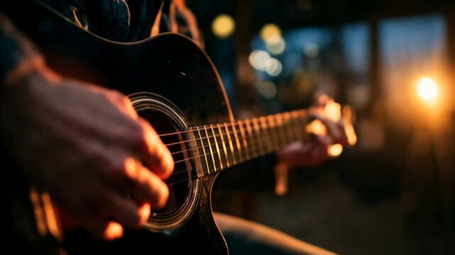 Moody evening performance with acoustic guitar and city bokeh lights, soulful indie atmosphere for live music promos, bar gigs, concert teasers, and intimate storytelling that resonates