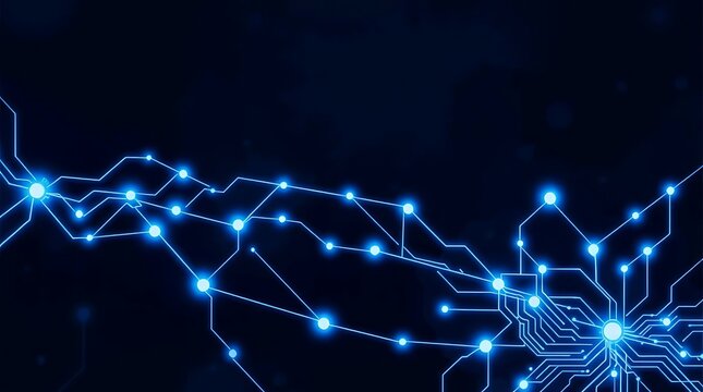 A minimalist digital painting of interconnected circuits, glowing blue and white, set against a dark, abstract background, emphasizing the intricate pathways of modern technology - Powered by Adobe