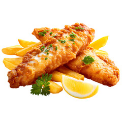 Fish and chips with tartar sauce isolated on transparent background