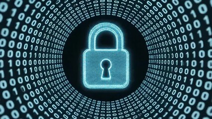 A glowing blue padlock icon surrounded by a tunnel of binary code on a dark background - Powered by Adobe