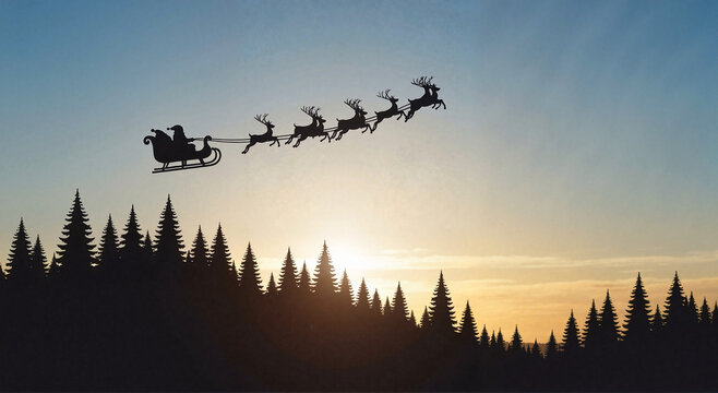 Santa Claus flying in sleigh pulled by reindeer at sunset  