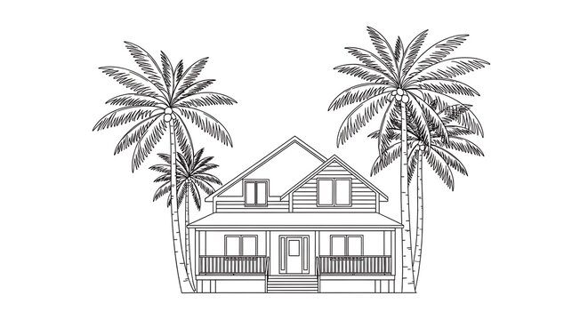 Tropical House with Palm Trees Line Art.