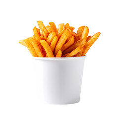 a white paper cup filled with French fries isolated on transparent background