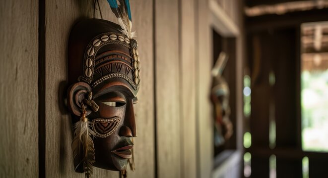 Traditional tribal mask with feathers and beads on wooden wall