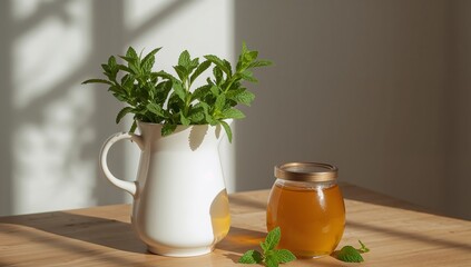 Still Life Composition with Green Herbs in a White Pitcher and a Glass Jar.