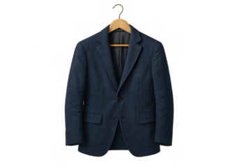 Dark blue blazer hanging on wooden hanger, representing men's formal business fashion and elegant style with transparent background