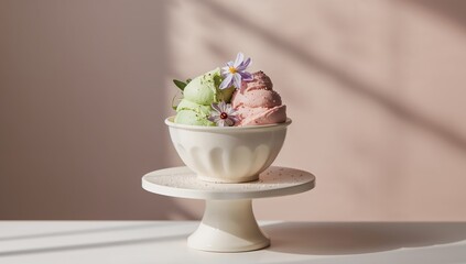 Sweet Confection Still Life. Pastel Hues and Delicate Floral Accents, A Dreamy Dessert Scene.