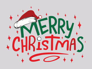 merry christmas lettering decorated with santa hat and red stars perfect for holiday greeting cards posters and cheerful festive artwork