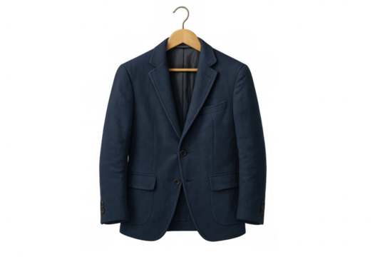Dark blue blazer hanging on wooden hanger, representing men's formal business fashion and elegant style with transparent background