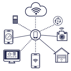 Connected devices in a smart home network, illustrating the concept of internet of things and seamless communication between various appliances