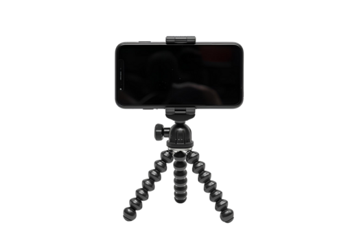 Smartphone on mini tripod holder for vlogging and video recording setup.