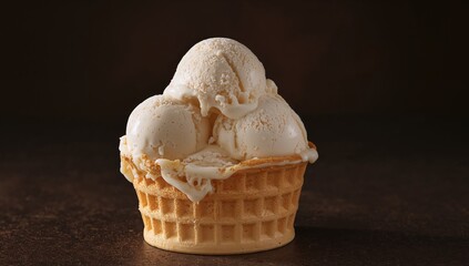 Sweet Delights, A Culinary Still Life of Creamy Ice Cream in a Textured Waffle Cone.