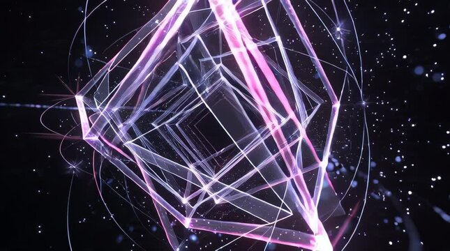 Futuristic Quantum Particle Animation, Rotating 4D Hypercube Grid with Neon Lines, High-Tech Background