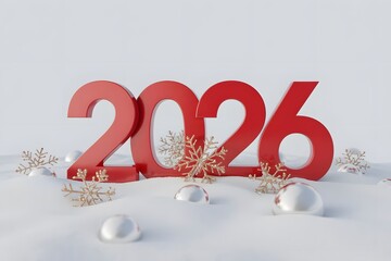 Exciting 2026 new year celebration with festive red numbers and golden snowflakes in a snowy winter wonderland, perfect for greeting cards and holiday promotions