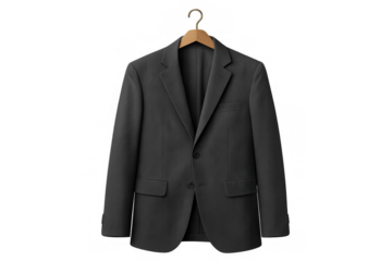 Black blazer hanging on a wooden coat hanger, symbolizing corporate fashion, business attire, and formal wear style with empty background