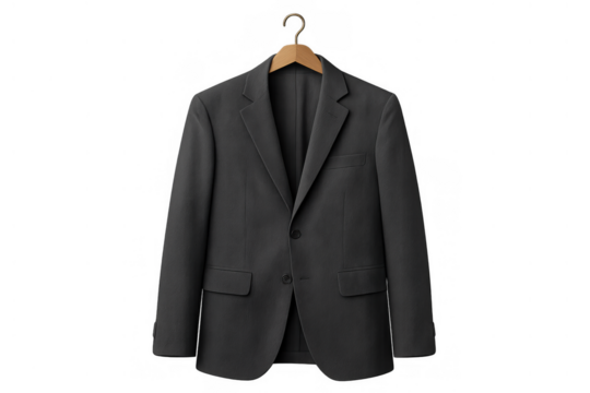 Black blazer hanging on a wooden coat hanger, symbolizing corporate fashion, business attire, and formal wear style with empty background