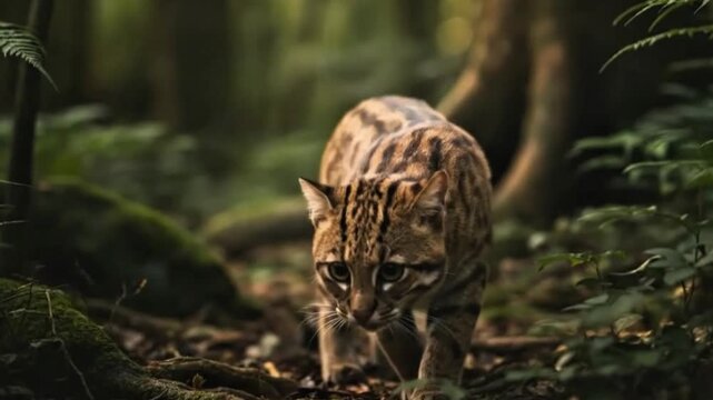 Iriomote Cat Walking in Forest &ndash; Endangered Feline 4K AI